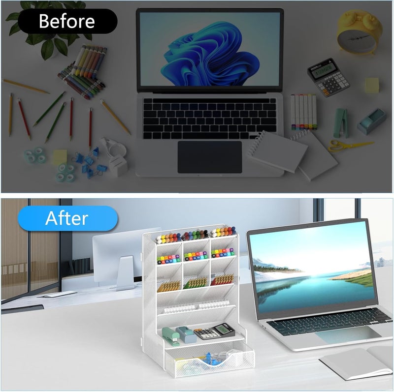 BOHDK Pen Organizer for Desk, Multi-Functional Desk Organizer, Wall Mount Pen Holder with Drawer for School, Office, Home, Art Supplies, White - Image 3